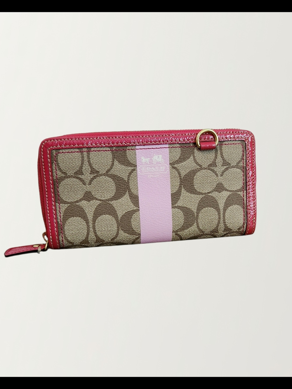 Coach Heritage Wallet Signature Canvas Zip  Around with Pink Center Stripe